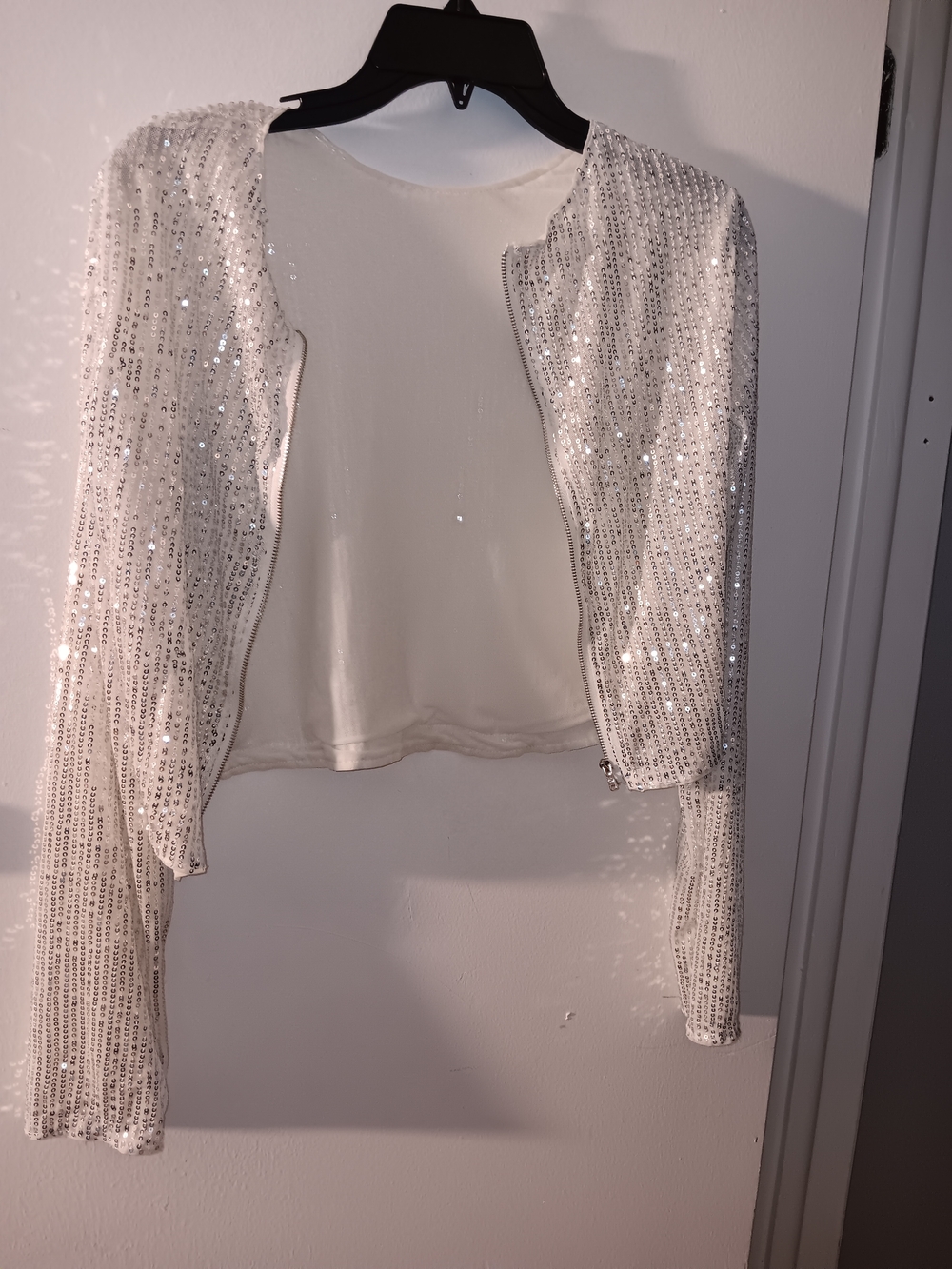 Sequin Cropped Open-Front Jacket - White